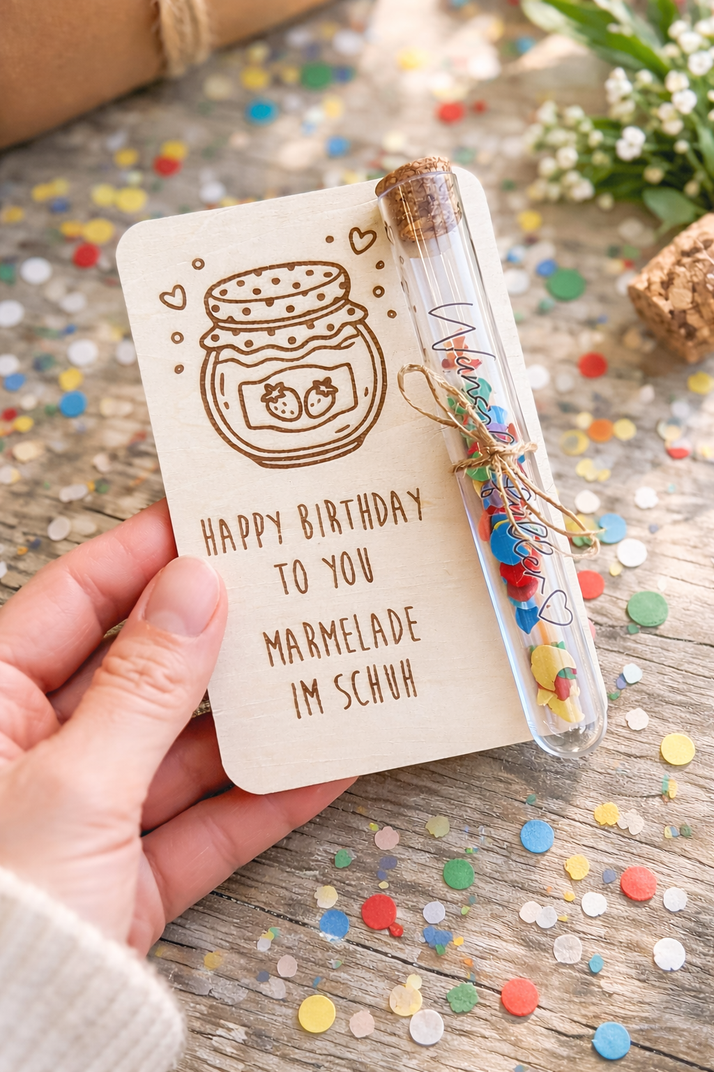 Geschenkkarte aus Holz mit Wunscherfüller - personalisierbar